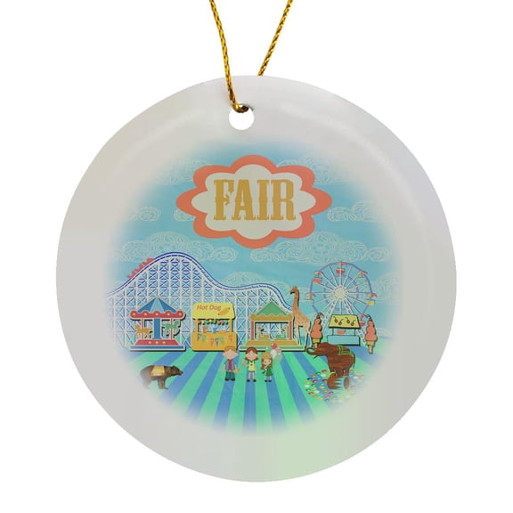 3drose, Fair, Roller Coaster, Ferris Wheel, Elephant, Bear, Carousel, Circle Porcelain Ornament