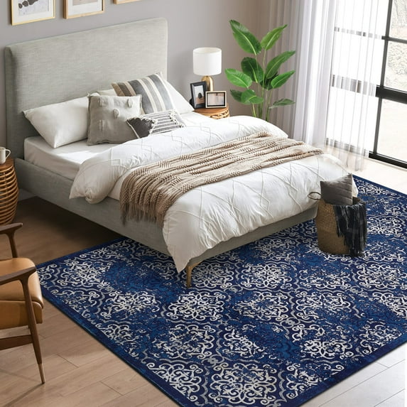 FairOnly 10' x 13' Extra Large Rug for Office Living Room Bedroom Vintage Floral Partten Rug Non-Slip Carpet, Blue