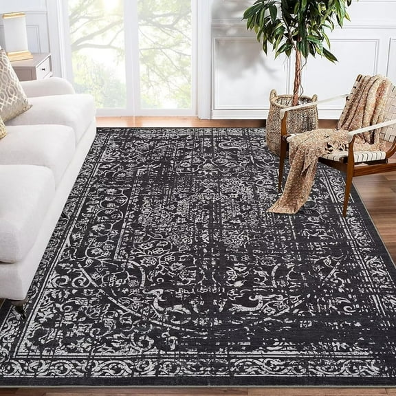 FairOnly 10'x13' Black Area Rugs for Dining Room Vintage Washable Floor Cover Non Shedding Low Pile Carpet for Living Room