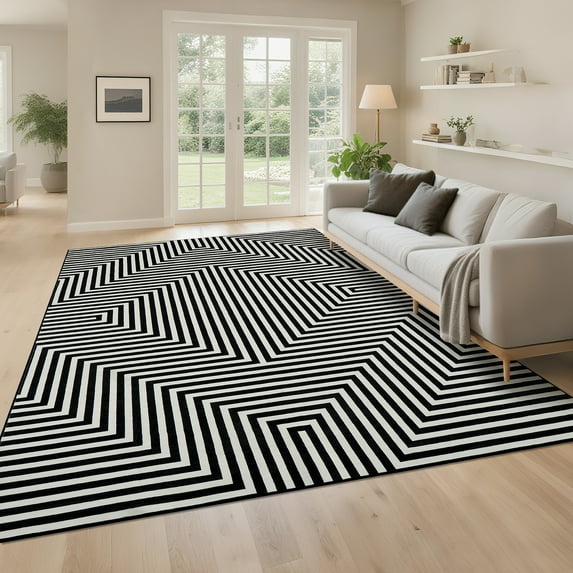 FairOnly 10'x13'Black Modern Geometric Area Rug Machine Washable Low Pile Non Slip Stain Resistant Indoor Rug for Living Room Dining Room Bedroom