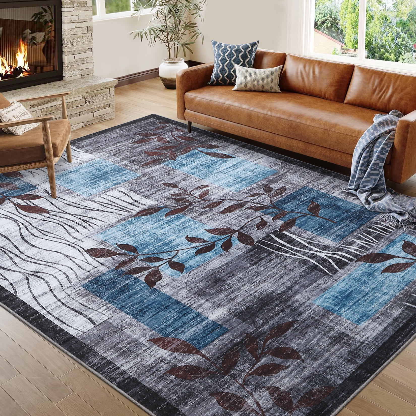FairOnly 10'x13' Blue Rugs for Living Room Washable Abstract Leaf Area Rugs Soft Non Slip Contemporary Rugs for Dining Room Nursery Home Office Carpet