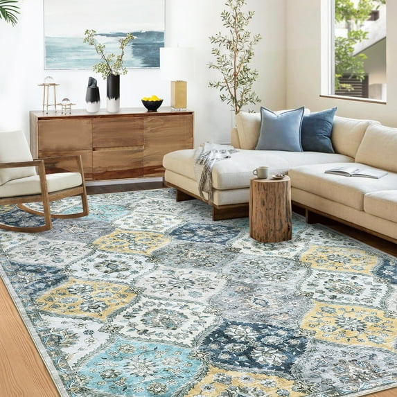 FairOnly 10'x13'Boho Vintage Floral Printed Machine Washable Rug for Living Room Bedroom Low Pile Stain Resistant Oriental Floor Area Rug for Kitchen Laundry,Blue Yellow