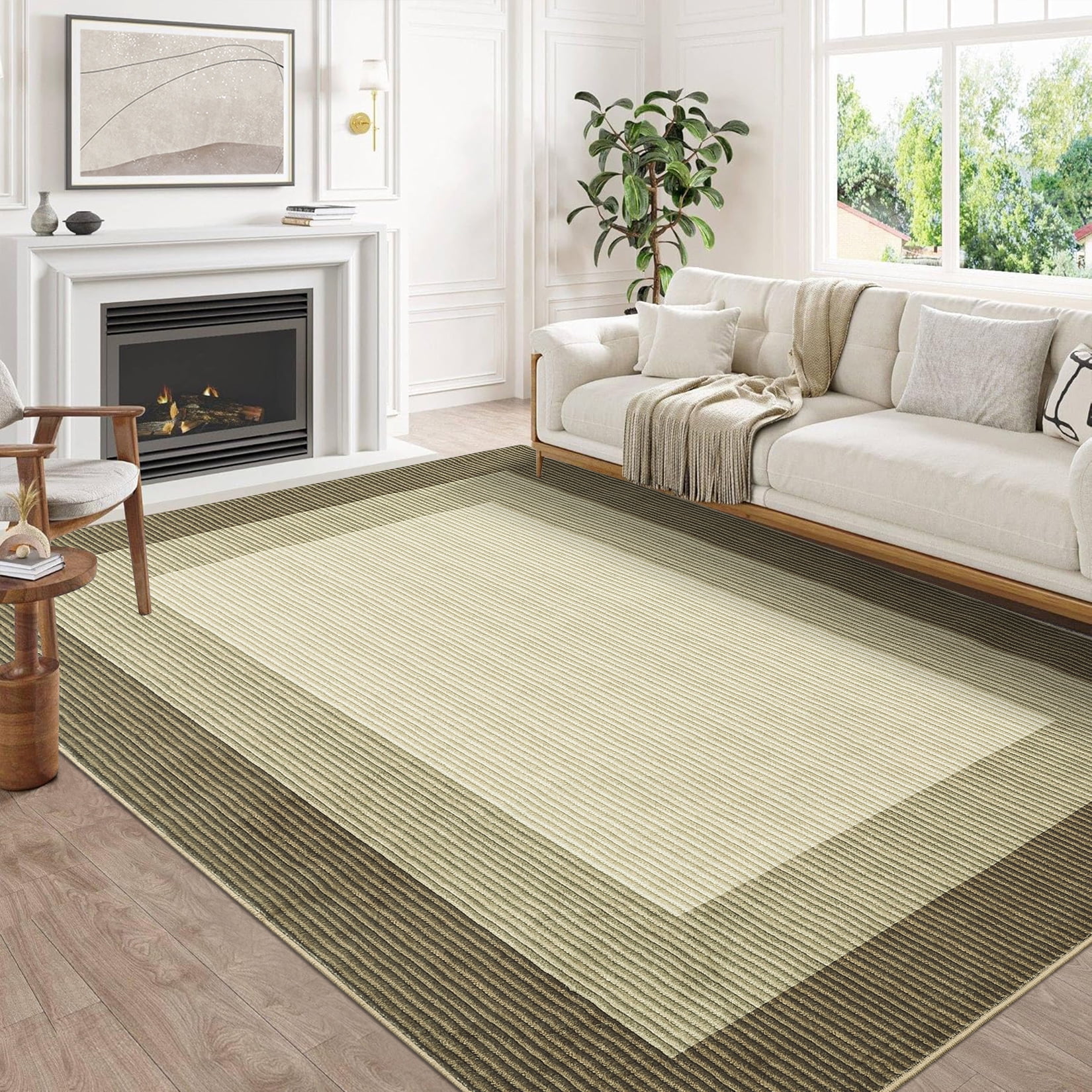 FairOnly 10'x13' Brown Bordered Strip Print Area Rugs Washable Low Pile ...