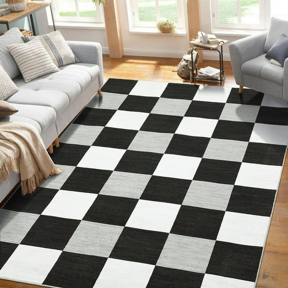 FairOnly 10'x13' Buffalo Plaid Machine Washable Area Rugs for Living Room Low Pile Soft Rugs for Bedroom Black and White