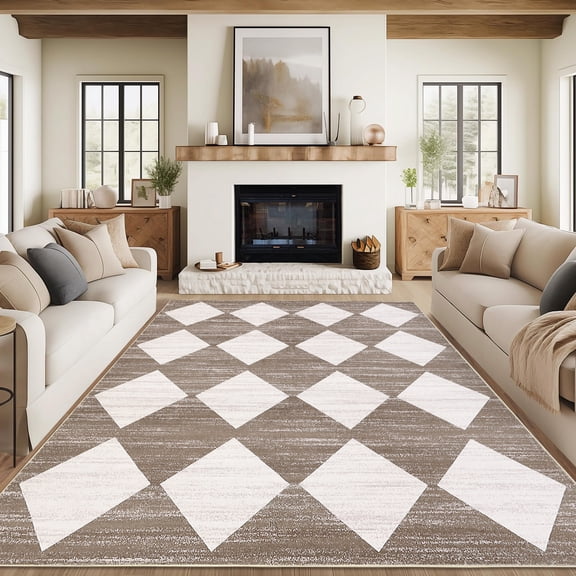 FairOnly 10'x13'Diamond Pattern Low Pile Stain Resistant Area Rug Modern Geometric Washable Rugs for Bedroom Livingroom,Brown
