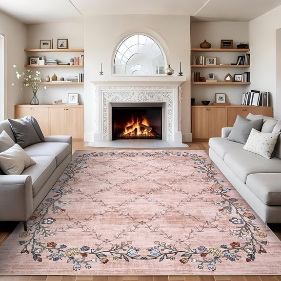 FairOnly 10'x13'Flroal Printed Area Rug for Living Room Non Slip Stain Resistant Modern Soft Floor Rug for Bedroom Laundry Bathroom,Pink