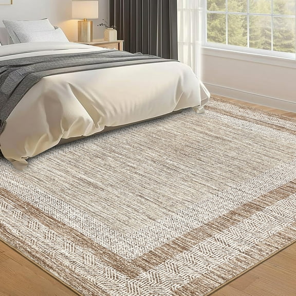 FairOnly 10'x13' Geometric Bordered Washable Area Rugs Non Shedding Soft Rugs for Living Room Family Room Brown Ultra-Thin Indoor Floor Carpet