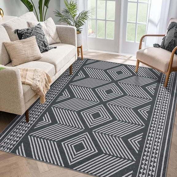 FairOnly 10'x13' Grey Black Contemporary Geometric Living Room Area Rugs Machine Washable Non Shedding Rugs for Bedroom Textured Carpet
