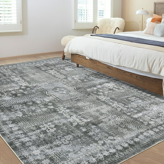FairOnly 10'x13' Grey Oriental Washable Area Rugs for Living Room Vintage Distressed Non Shedding Bathroom Rugs Family Room Area Rug Indoor Floor Carpet