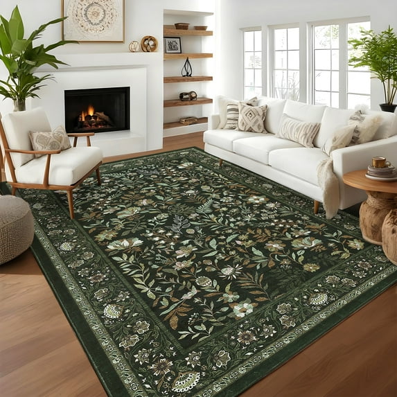 FairOnly 10'x13'Large Washable Low Pile Rug Modern Non Slip Stain Resistant Floral Printed Area Rug for Living room,Dark Green