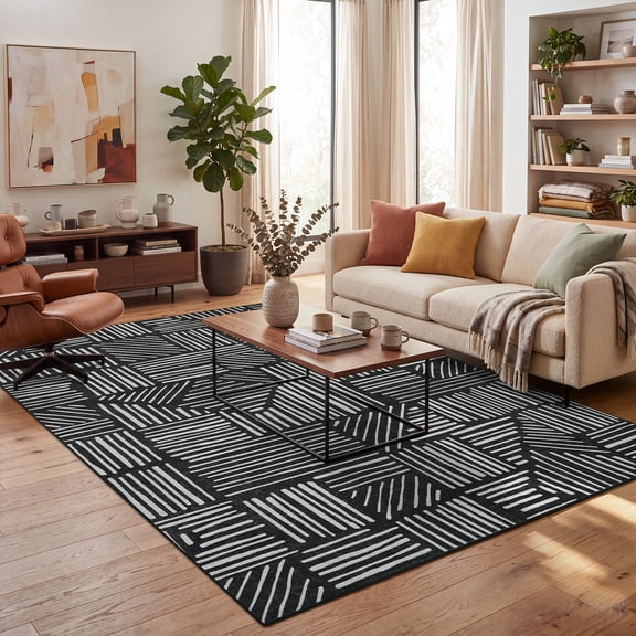 FairOnly 10'x13' Machine Washable Area Rug, Modern Abstract Geometric Stripe Ultra‑Thin Non‑Slip Carpet for Living Room, Black