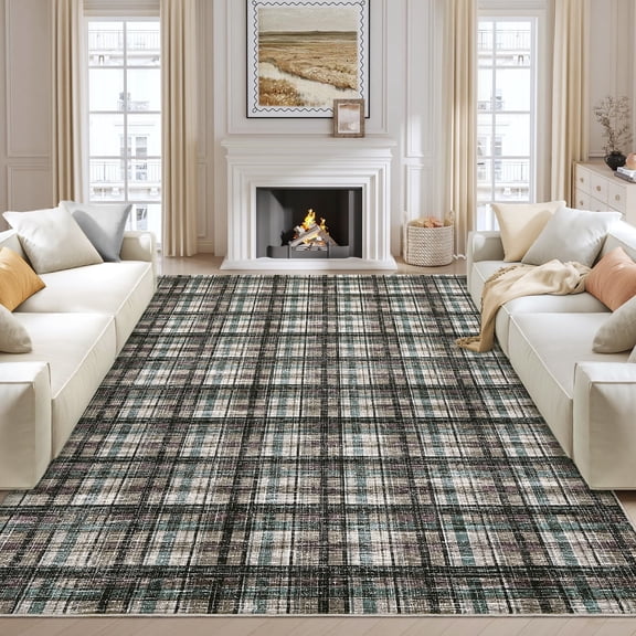 FairOnly 10'x13'Modern Geometric Plaid Non Slip Area Rug British Style Machine Washable Soft Non Shedding Rug for Living Room Bedroom,Brown