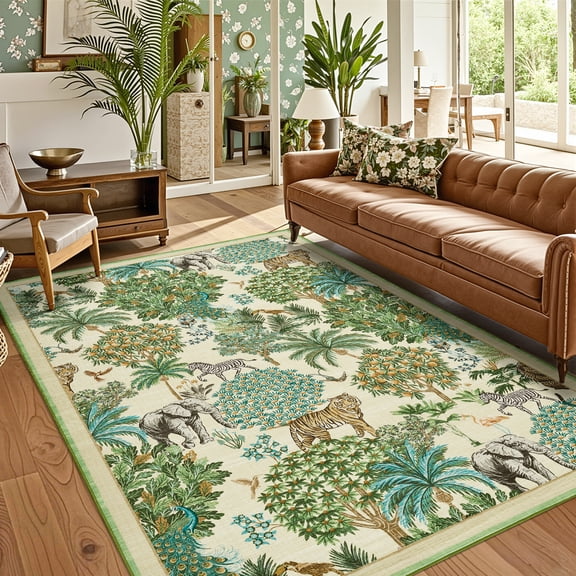 FairOnly 10'x13'Modern Pastoral Stain Resistant Beige Area Rug for Living Room Non Slip Jungle Animal Pattern Indoor Floor Rug for Dinning Room Bedroom