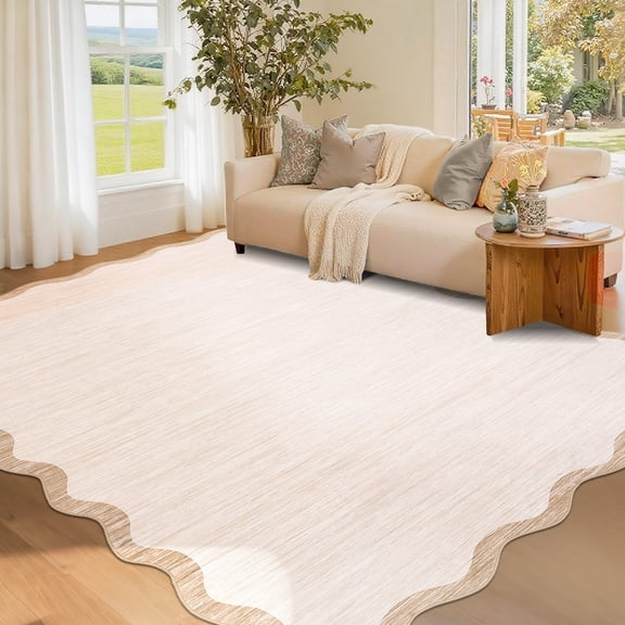 FairOnly 10'x13'Modern Solid Color Scalloped Border Area Rug Machine Washable Pet Friendly Ultra Thin Non Slip Floor Mat for Bedroom Living Room Kitchen,Beige