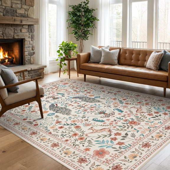 FairOnly 10'x13'Pastoral Machine Washable Area Rug for Kitchen & Living Room Stain Resistant Pet Friendly Low Pile Non Slip Indoor Floor Covering for Home Decor,Beige Camel