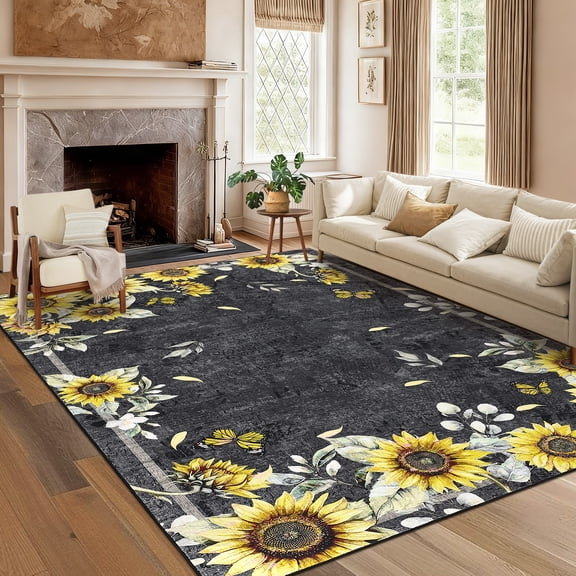 FairOnly 10'x13'Sunflower & Insects Area Rug for Living Room Stain Resistant Machine Washable Non Slip Carpet for Bedroom Entryway Kitchen Bedroom,Black
