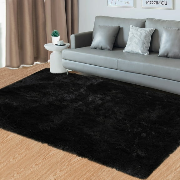FairOnly 10'x13'Washable Silk Wool Tie-Dye Area Rug for Bedroom Non Slip Ultra Soft Indoor Rug for Living Room Dining Room,Pure Black