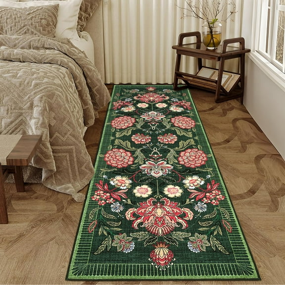 FairOnly 2'x 6'Modern Runner Rug for Entrance Hallway Non Slip Ultra Thin & Soft Flower Runner Mat,Green