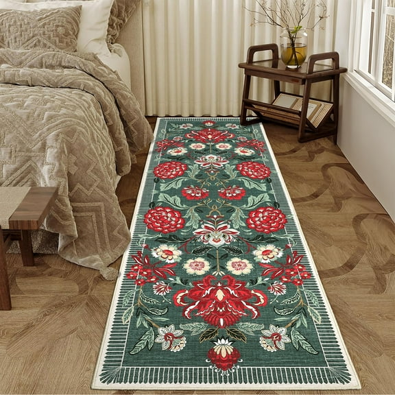 FairOnly 2'x 6'Modern Runner Rug for Entrance Hallway Non Slip Ultra Thin & Soft Flower Runner Mat,Green