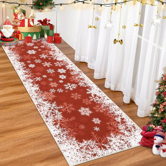 FairOnly 2' x 8' Christmas Printed Runner Rug Xmas Snowflake Decorative Rug Non Slip Rug Washable Rug for Kitchen Bathroom Bedroom, Red
