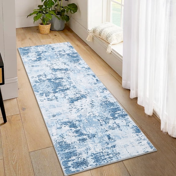 FairOnly 2'x6'Abstract Machine Washable Runner Rug for Modern Living Room Ultra Thin Low Pile Non Slip Rug for Bedroom Kitchen Laundry,Light Blue