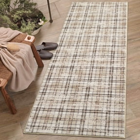 FairOnly 2'x6' Modern Machine Washable Runner Rug, Geometric Grid Ultra Thin Low Pile Non Slip Indoor Carpet for Kitchen Hallway Entryway, Beige