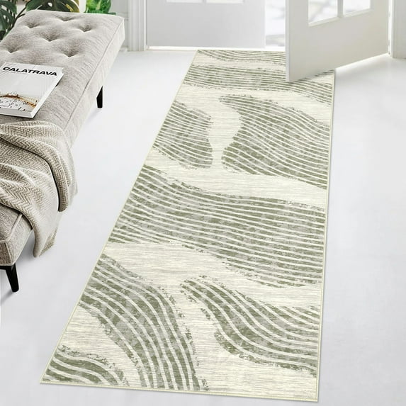FairOnly 2'x6' Beige Washable Runner Rugs for Hallway Abstract Ocean Print Rug Runner Rugs Laundry Entryway Modern Low Pile Rug for Kitchen