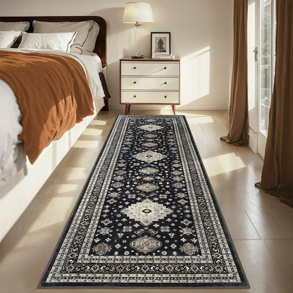 FairOnly 2'x6' Black Bordered Boho Distressed Runner Rugs for Hallway Washable Soft Runner Rugs for Entryway Laundry Kitchen Rug