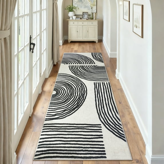 FairOnly 2'x6'Black Modern Geometric Rhythmic Arc Runner Rug for Home Decor Machine Washable Low Pile Non Slip Soft Rug for Living Room Bedroom Kitche Laundry