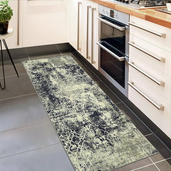 FairOnly 2'x6' Black Washable Runner Rugs for Hallway Entryway Low Pile Non Slip Modern Abstract Laundry Runner Rug Geometric Rug for Kitchen