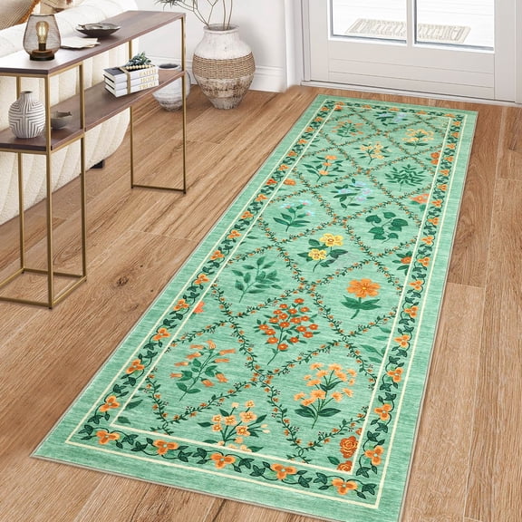 FairOnly 2'x6'Blossom & Grid Machine Washable Area Rug Pastoral Low Pile Non Slip Carpet for Modern Living Bedroom Decor,Green