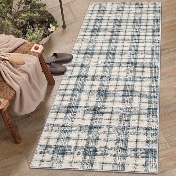 FairOnly 2'x6'Blue Beige Modern Machine Washable Geometric Irregular Grid RunnerRug for Kitchen Hallway Ultra Thin Low Pile Non Slip Rug for Laundry Bathroom
