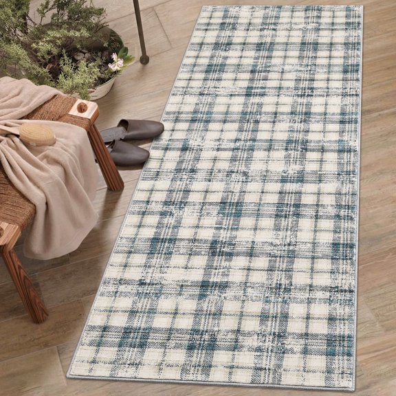 FairOnly 2'x6' Modern Machine Washable Runner Rug, Geometric Grid Ultra Thin Low Pile Non Slip Indoor Carpet for Kitchen Hallway Entryway, Blue Beige