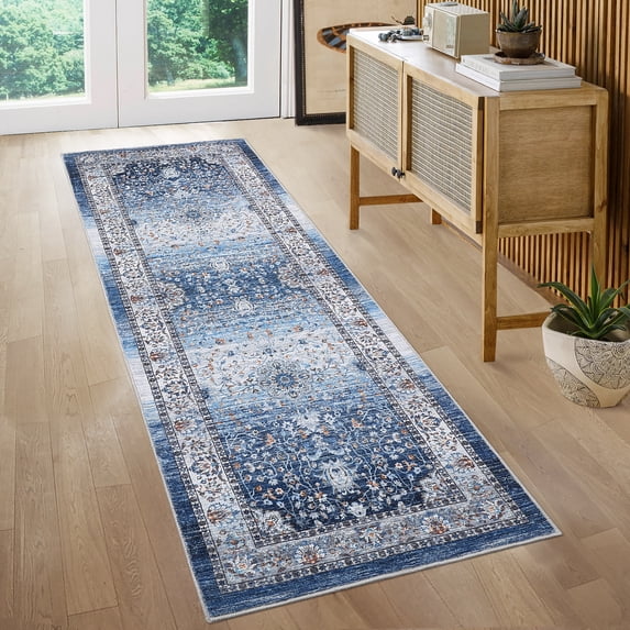 FairOnly 2'x6' Blue Boho Floral Runner Rugs Machine Washable Hallway Runner Rugs for Entryway Non Slip Soft Laundry Rug Vintage Rugs for Kitchen
