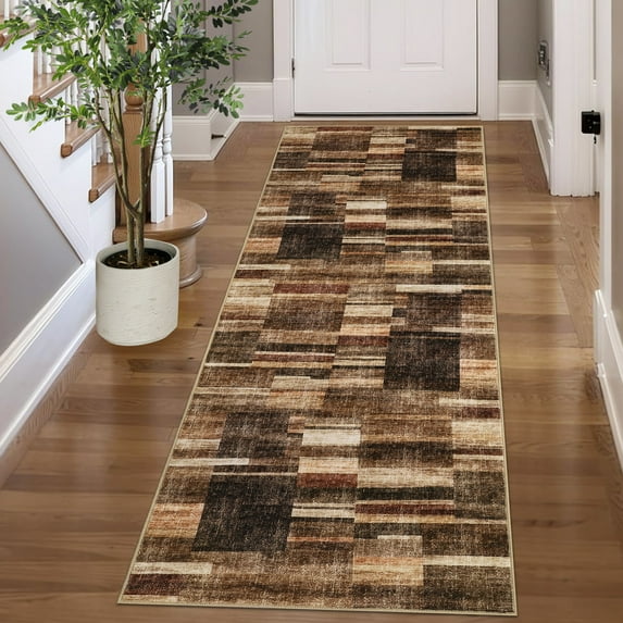 FairOnly 2'x6'Brown Checkered Washable Area Rug for Living Room Retro-Modern Non Slip Stain Resistant Rug for Kitchen Bedroom Bathroom