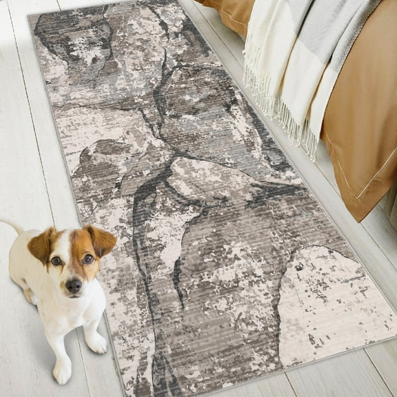 FairOnly 2'x6' Brown Modern Runner Rugs for Hallway Washable Soft Rug Abstract Rocks Print Runner Rugs for Entryway Laundry Kitchen