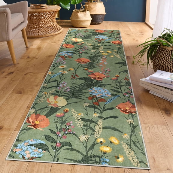 FairOnly 2'x6'Garden Runner Rug Modern Floral Machine Washable Non Slip Floor Cover for Hallway Laundry Bathroom,Green