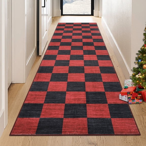 FairOnly 2'x6'Geometric Christmas Non Slip Runner Rug for Kitchen Ultra Thin Machine Washable Classical Grid Floor Carpet for Bedroom,Red Black
