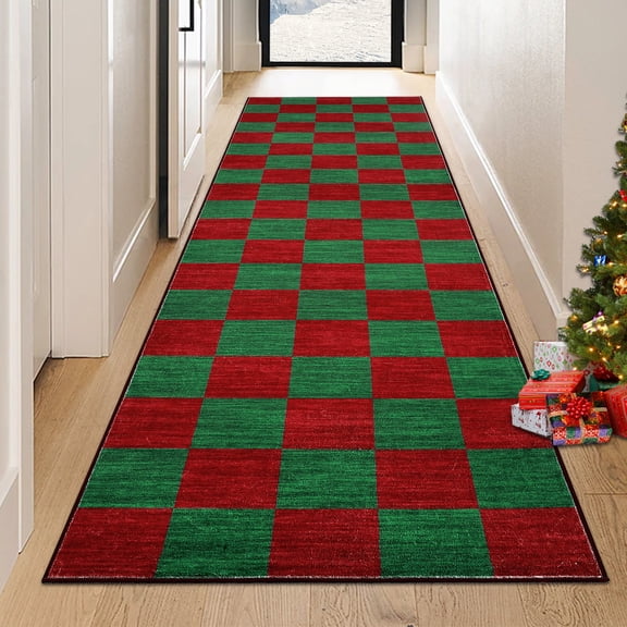 FairOnly 2'x6'Geometric Christmas Non Slip Runner Rug for Kitchen Ultra Thin Machine Washable Classical Grid Floor Carpet for Bedroom,Red Green