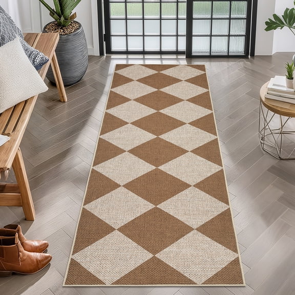 FairOnly 2'x6'Geometric Diamond Grid Design Washable Runner Rug for Laundry Hallway Non Slip Ultra Thin Low Pile Rug for Living Room Bathroom,Coffee