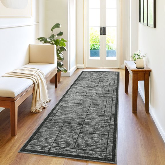 FairOnly 2'x6'Geometric Rectangular Splicing Runner Rug for Halway Bathroom Low Pile Machine Washable Non Slip Floorr Rug for Kitchen Laundry,Dark Grey