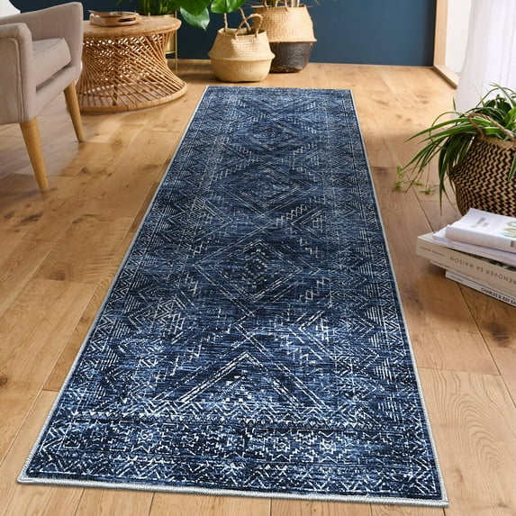 FairOnly 2'x6' Geometric Washable Runner Rugs for Hallway Non Slip Soft Laundry Room Runner Rug for Entryway Blue Indoor Floor Throw Rugs