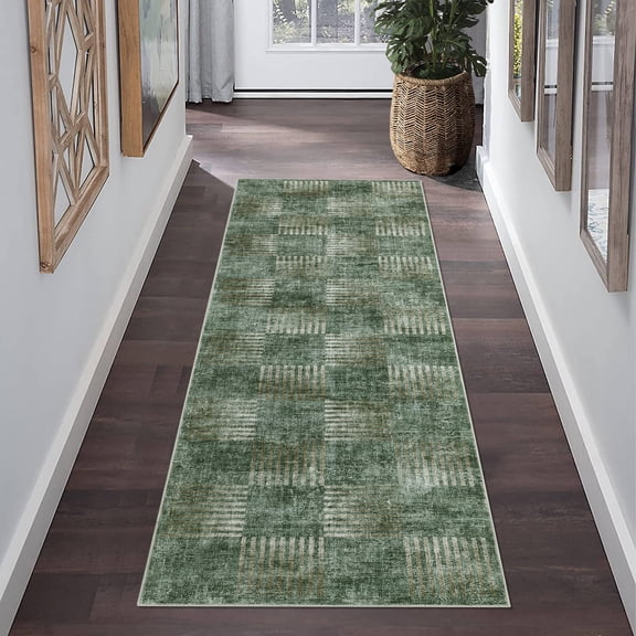 FairOnly 2'x6' Green Contemporary Washable Runner Rugs for Hallway Patchwork Print Low Pile Rug Runner Rugs for Entryway Laundry Kitchen