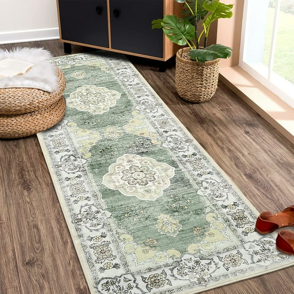 FairOnly 2'x6' Green Floral Runner Rugs for Hallway Washable Vintage Medallion Non Slip Runner Rug Entryway Laundry Runner Rugs for Kitchen