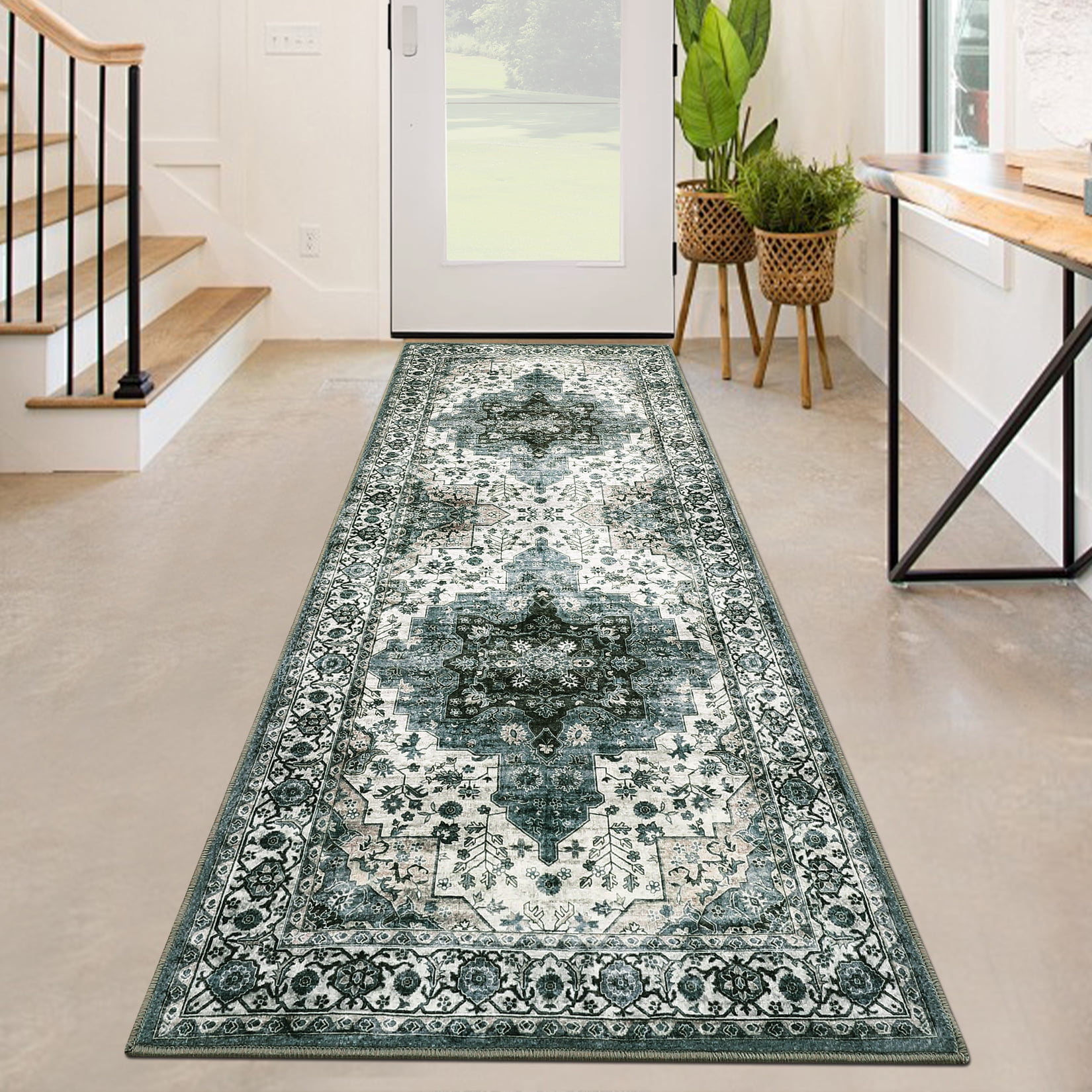 FairOnly 2'x6' Green Vintage Floral Runner Rugs for Entryway Hallway ...
