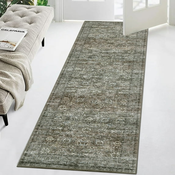 FairOnly 2'x6' Green Washable Runner Rugs for Hallway Oriental Floral Non Slip Soft Runner Rugs for Entryway Kitchen Laundry Rugs