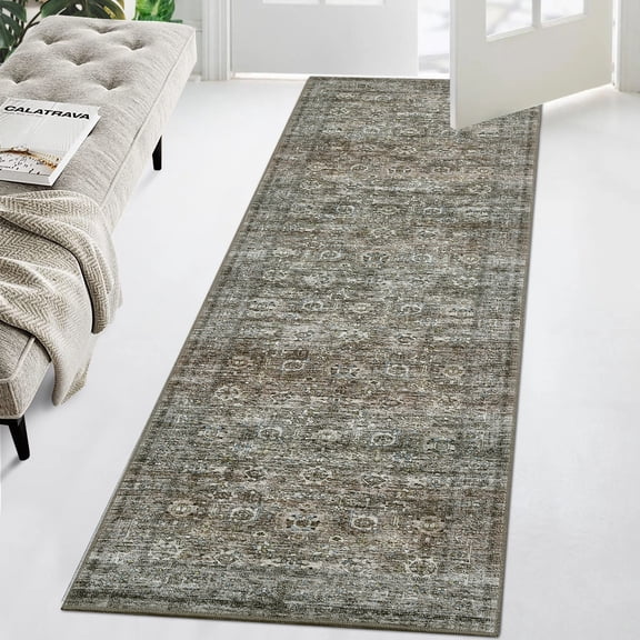 FairOnly 2'x6' Green Washable Runner Rugs for Hallway Oriental Floral Non Slip Soft Runner Rugs for Entryway Kitchen Laundry Rugs