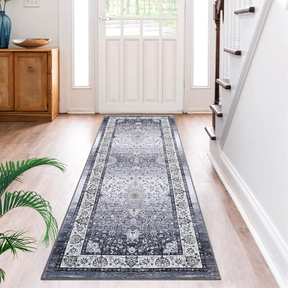 FairOnly 2'x6' Grey Boho Floral Runner Rugs Machine Washable Hallway Runner Rugs for Entryway Non Slip Soft Laundry Rug Vintage Rugs for Kitchen