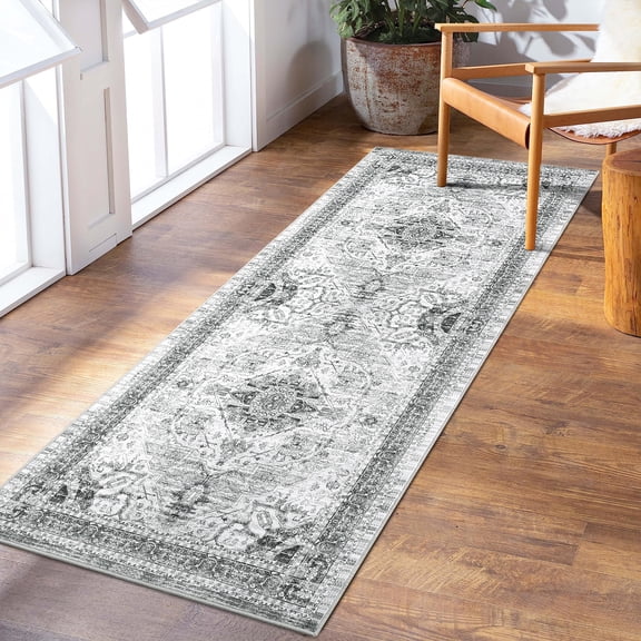 FairOnly 2'x6' Grey Boho Runner Rugs for Hallway Machine Washable Non Slip Vintage Distressed Entryway Rug Runner Rugs for Laundry Kitchen