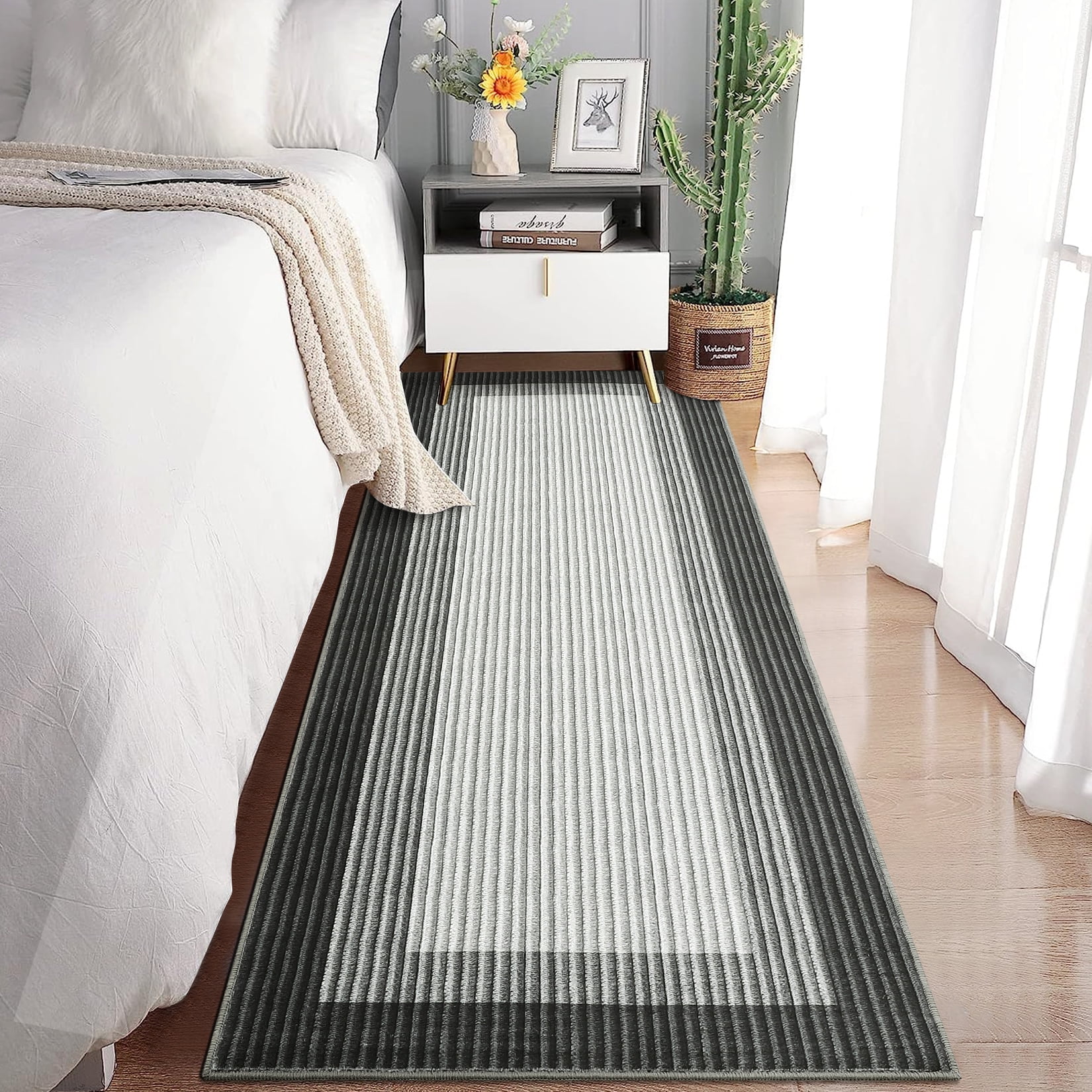 FairOnly 2'x6' Grey Machine Washable Runner Rugs Bordered Modern Runner Rugs for Hallway Entryway Laundry Room Kitchen Throw Rug
